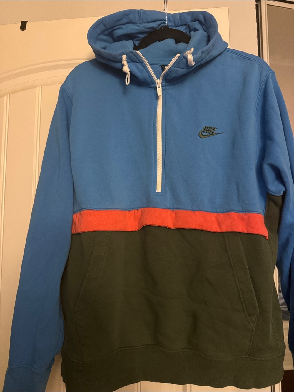 Nike Blue and Red-Striped Hooded Half-Zip with Olive Panel